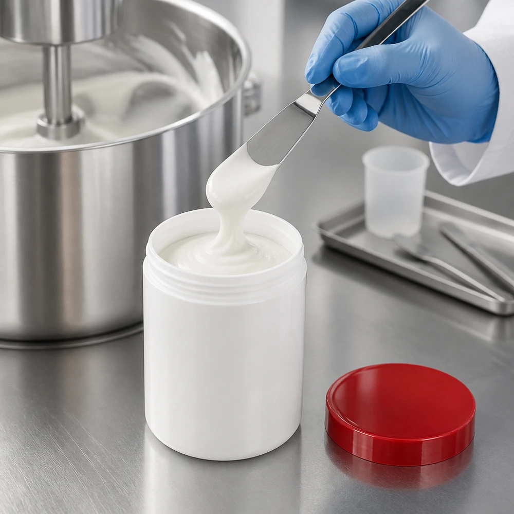 Salvburk 500g vit med rött skruvlock (polypropylen) Vit PP-salvburk på 500 g med rött lock, fyllt på professionellt i laboratoriet
