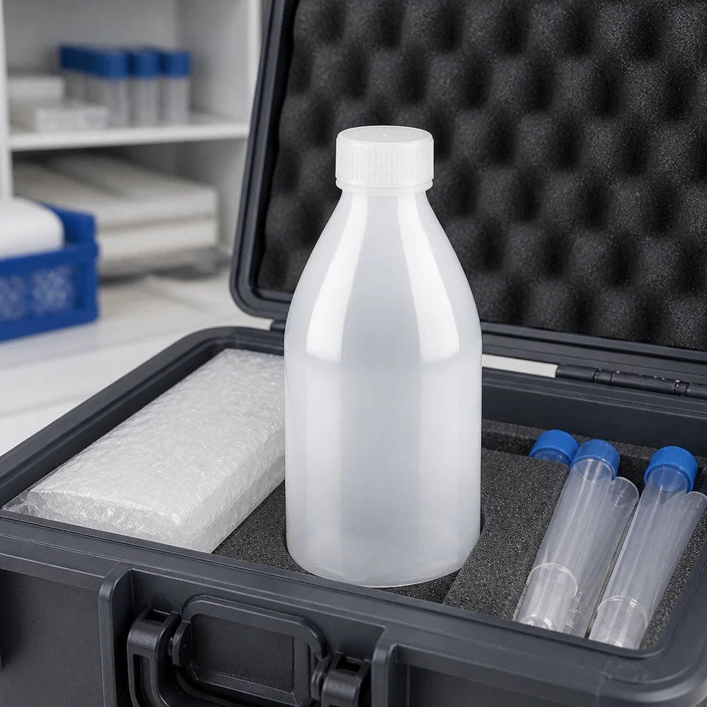 100 ml flaskor med smal hals utan lock i transportväska med skumplastfoder och kylelement