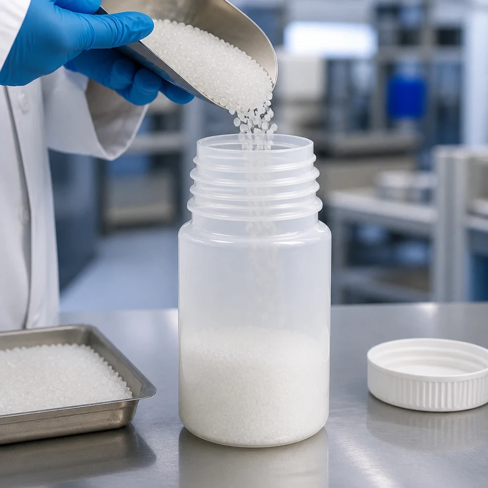En laboratorietekniker fyller vita plastgranulat med en metallskopa i en 50 ml laboratorieflaska med vid hals