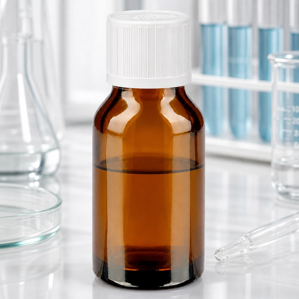 30 ml apotekarflaska av brunt glas med vit standardförslutning, 11 mm, barnsäker, i laboratoriet