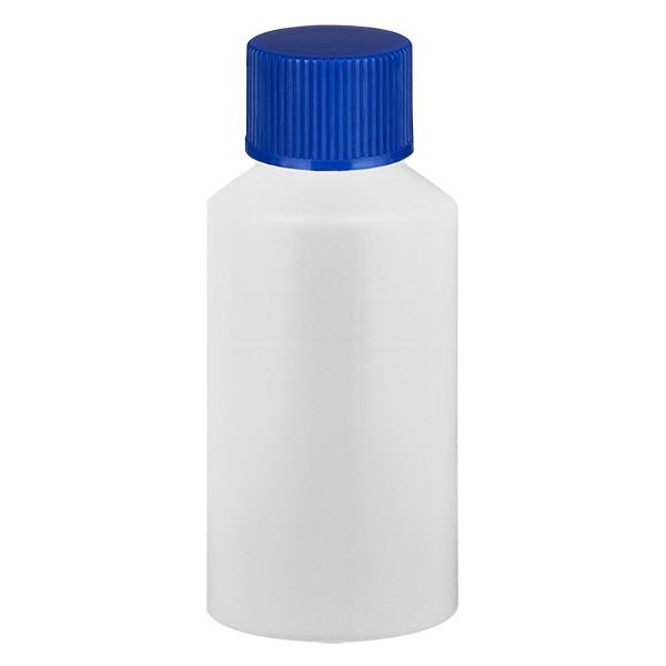 Apoteksflaska HDPE 50ml vit, med blått skruvlock Apoteksflaska HDPE 50ml vit, med blått skruvlock