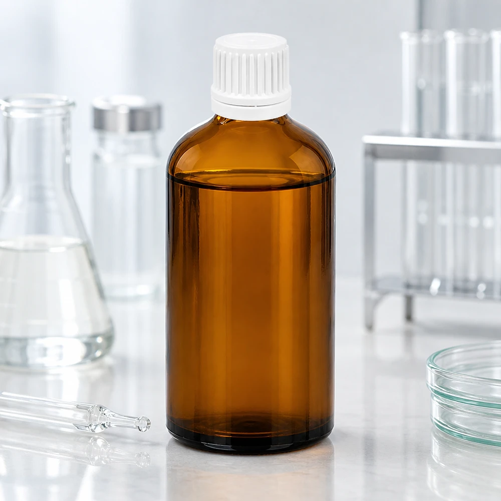 100ml flaska 11mm skruvkork vit med säkerhetsförslutning BrownLine UT18/100 100 ml laboratorieflaska tillverkad av UV-skyddande bärnstensfärgat glas med vitt manipulationsskyddat lock