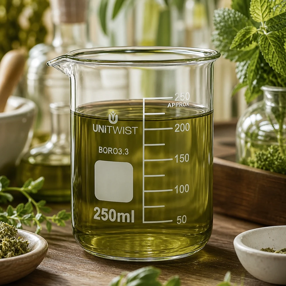 Bägare 250ml borosilikat, lågformad UNiTWIST UNiTWIST glasbägare 250 ml, låg form, med grönt örtextrakt omgivet av färska medicinalväxter