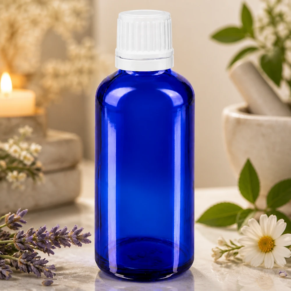 Apoteksflaska blå 50ml droppflaska 1,2mm vit barnsäker förslutning Blå glasflaska på 50 ml med vitt skruvlock, med lavendel och kamomillblommor