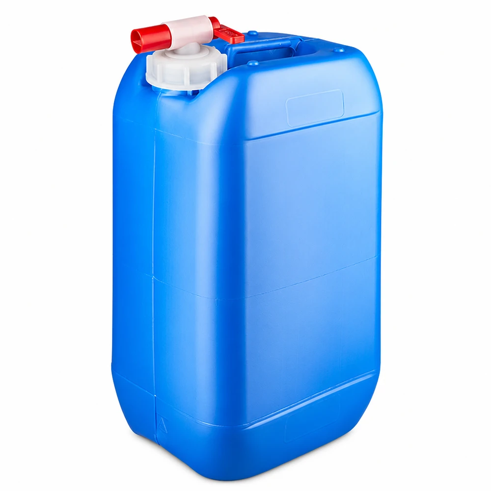 Dunk 15 liter blå med avtappningskran Blå 15-liters plastdunk med röd utloppskran och vitt skruvlock