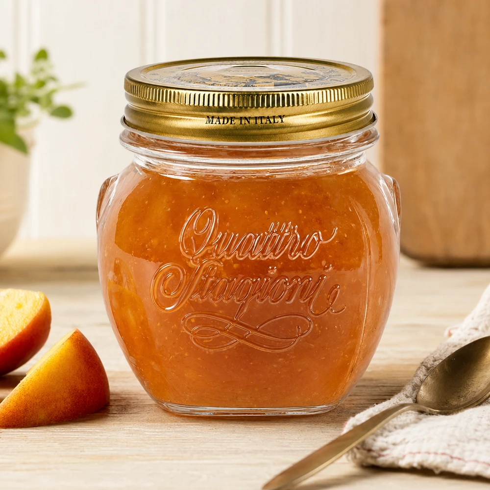 300ml rund burk "Quattro Stagioni" med lock 300ml Quattro Stagioni Rundglas mit goldenem Deckel gefüllt mit Marmelade auf Holztisch neben Orangenscheiben