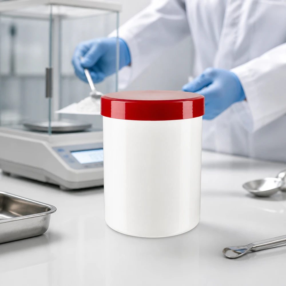 Salvburk 150g vit med rött skruvlock (polypropylen) Salvburk 150 g, vit med rött lock, bredvid analysvågen och laboratoriespateln i renrummet