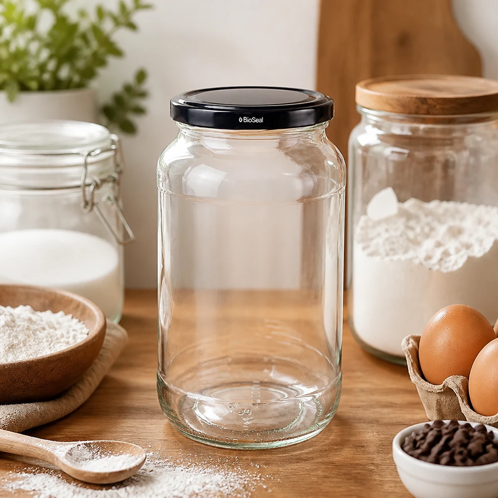1062ml rund burk med BioSeal-lock svart UNiTWIST UNiTWIST Rundglas 1062 mit schwarzem TO82 BioSeal Deckel in moderner Küche zwischen Backzutaten und Eiern