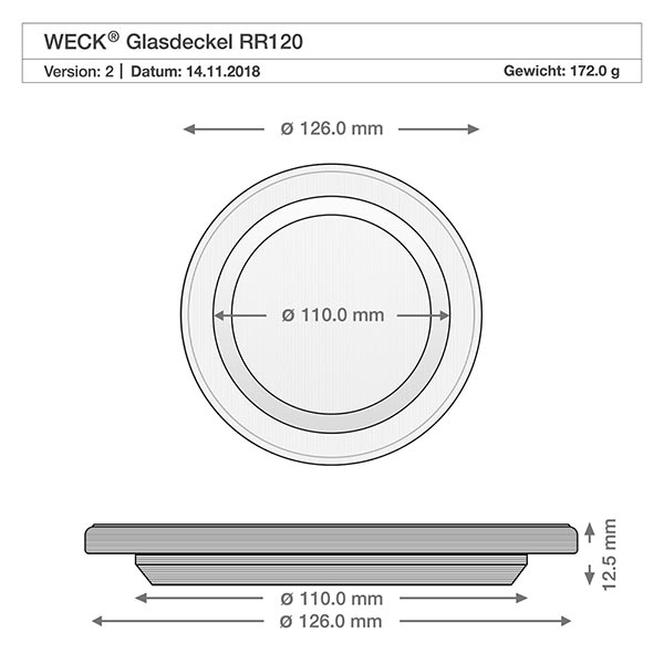 300ml gourmetburk komplett WECK RR120 WECK glaslock RR120 teknisk ritning med måtten 126mm och 110mm diameter, 12,5mm höjd för gourmetburk