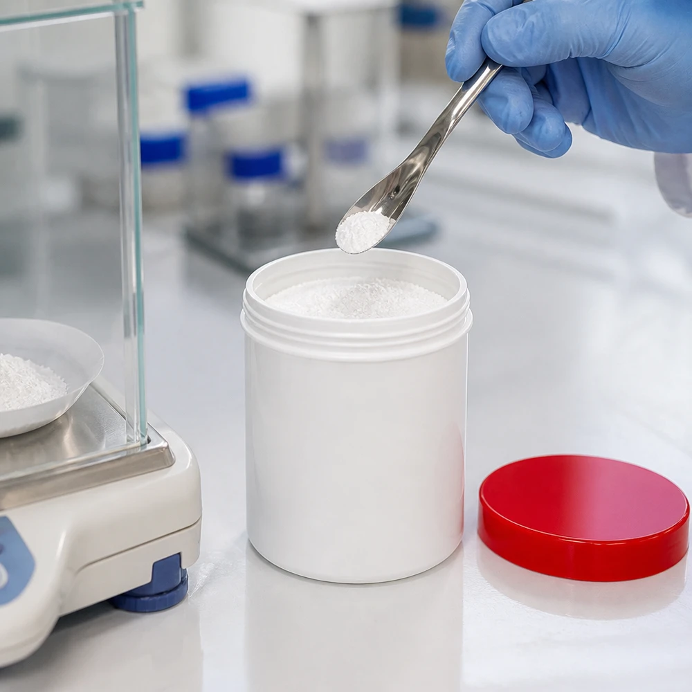 Salvburk 300g vit med rött skruvlock (polypropylen) Laboratorieteknikern fyller en vit salvorburk på 300 g med rött skruvlock av PP med vitt pulver