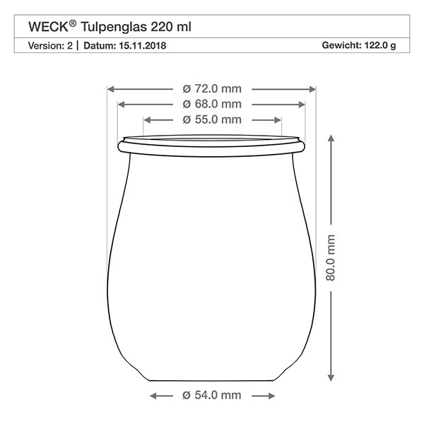 220ml tulpanburk WECK RR60 med träkula bok WECK tulpanburk 220ml RR60 teknisk ritning med mått, diameter och höjd i millimeter