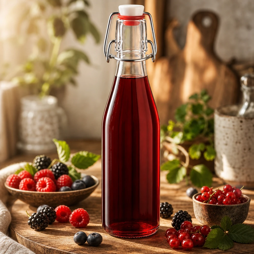 250 ml glasflaska med svängbar topp fylld med rödbärsjuice, omgiven av färska bär i en rustik köksmiljö