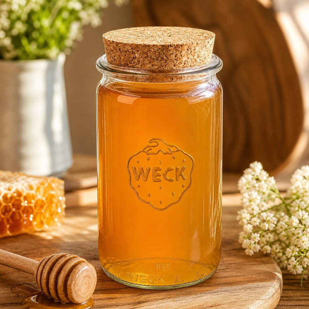 340ml cylinderburk WECK RR60 med kork naturell WECK Honigglas 340ml RR60 mit Korkenverschluss auf Holzbrett zwischen Waben und Blüten zeigt natürliche Aufbewahrung