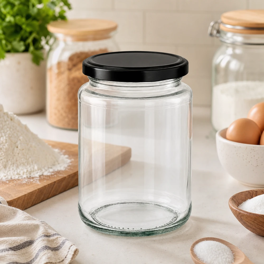 Rund glasburk 382 ml med lock BasicSeal svart UNiTWIST 382 ml rund burk med BasicSeal-lock svart i ett modernt kök mellan förvaringsburkar, ägg och köksredskap