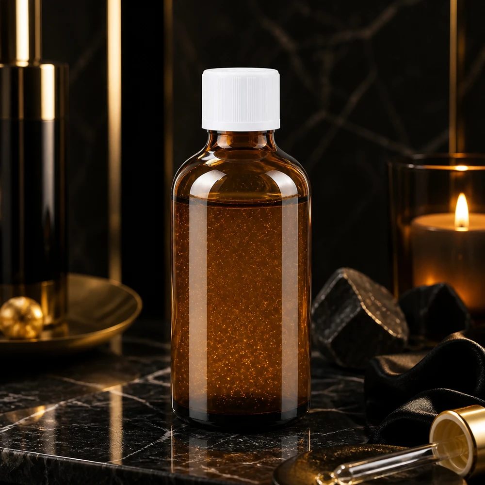 Elegant 50 ml-flaska i brunt glas med vitt barnsäkert lock mot en svart marmorbakgrund