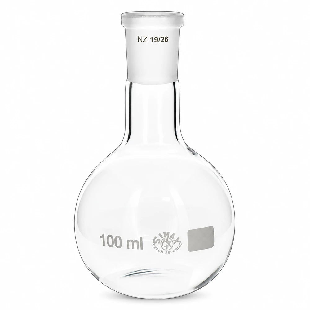 Höftkolv 100ml med standardslipad fog (19/26) Rundkolv 100ml med NS 19/26 slipad fog - transparent laboratorieglas för kemiska synteser