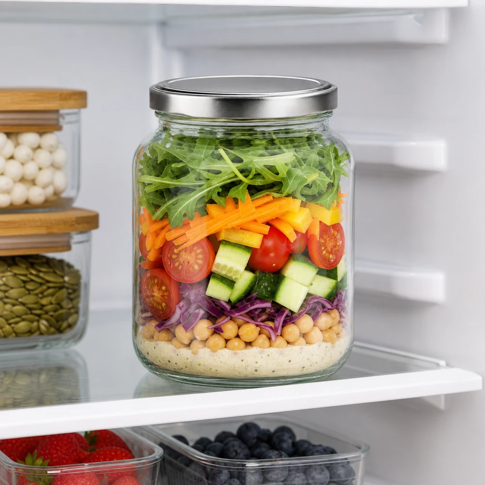 370 ml oval burk med BasicSeal-lock som måltidsförberedande sallad i kylen med lagrad sallad och färska ingredienser
