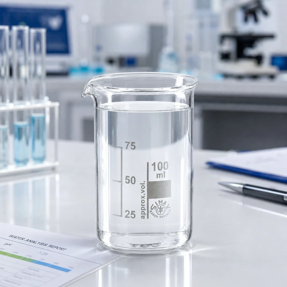 Klar bägare, 100 ml, hög form med volymskala 25, 50, 75 ml, tillverkad av kemikaliebeständigt borosilikatglas