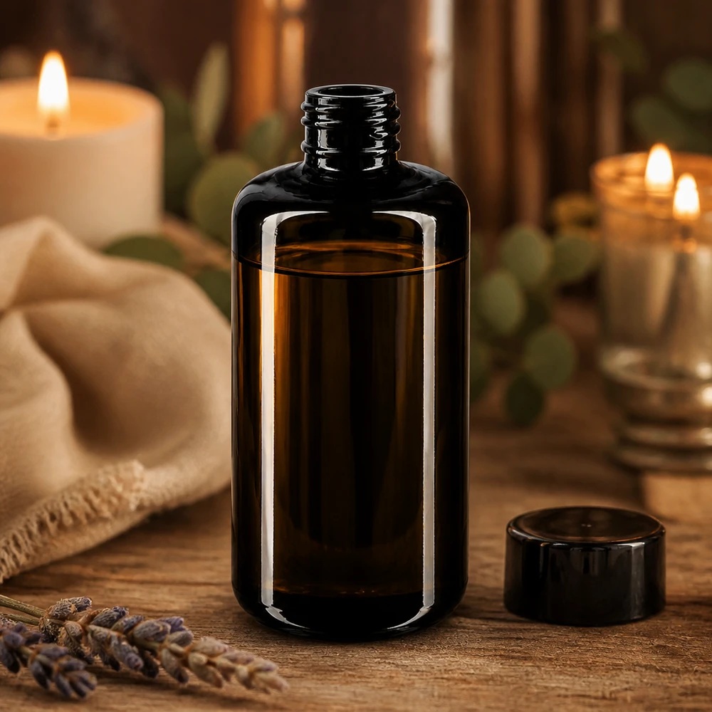 Flaska i violett glas 200ml 410/24 Snygg 200 ml Draco-flaska med svart skruvlock för professionell kosmetikaproduktion