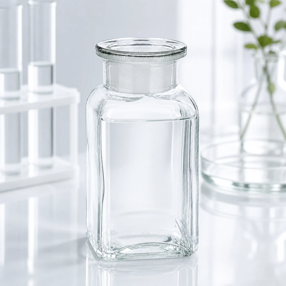Genomskinlig fyrkantig flaska med vid hals, 100 ml, tillverkad av borosilikatglas med inslipad glaspropp