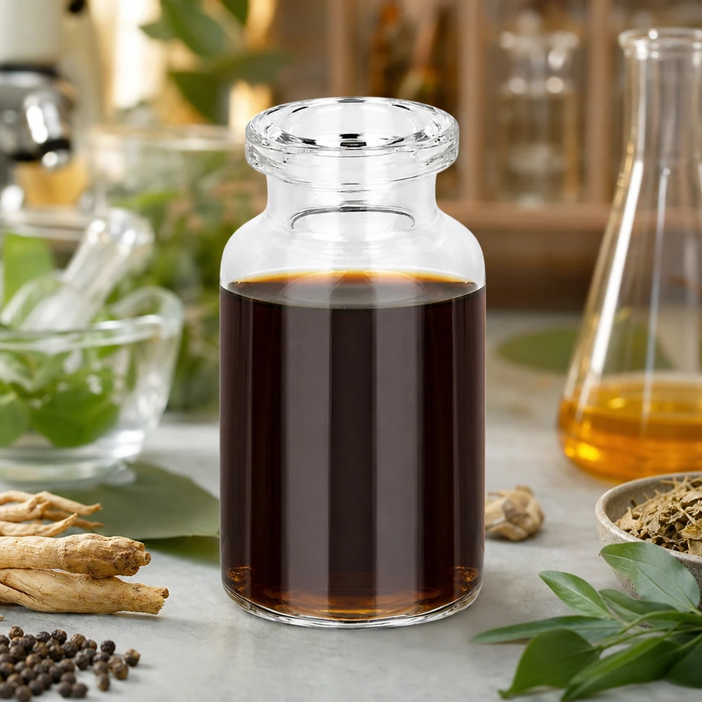 Injektionsflaska av klarglas 10ml Zylindrische Injektionsflasche 10ml Klarglas mit dunklem Kräuterkonzentrat und getrockneten Wurzeln