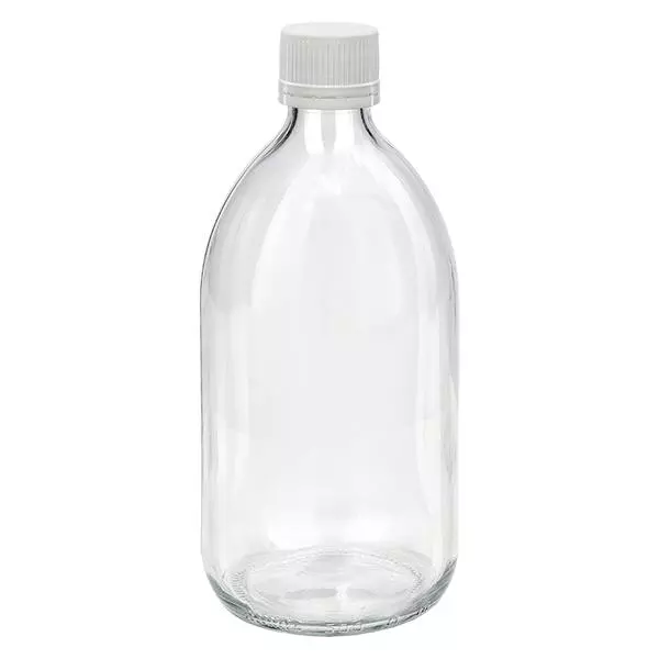 500 ml medicinflaska klar, lock vit/fin med säkerhetsring ApoGlas 500 ml medicinflaska klar, lock vit/fin med säkerhetsring ApoGlas