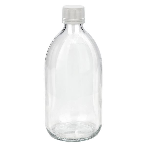 500 ml medicinflaska klar, lock vit/fin med säkerhetsring ApoGlas 500 ml medicinflaska klar, lock vit/fin med säkerhetsring ApoGlas