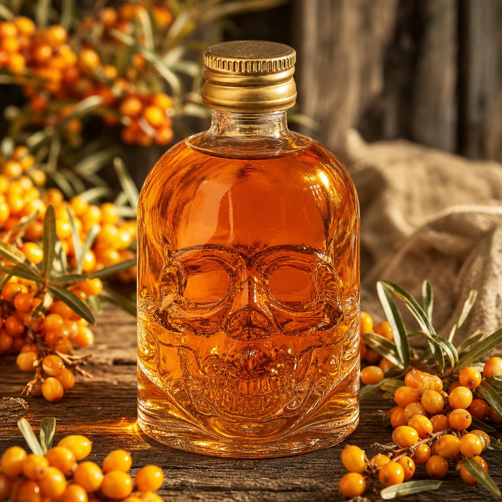 50 ml glasflaska Hector och skruvkork guld UNiTWIST® 50 ml Hector-glasflaska med relief av dödskalle och bärnstensfärgat innehåll mellan havtornsbär på ett träbord