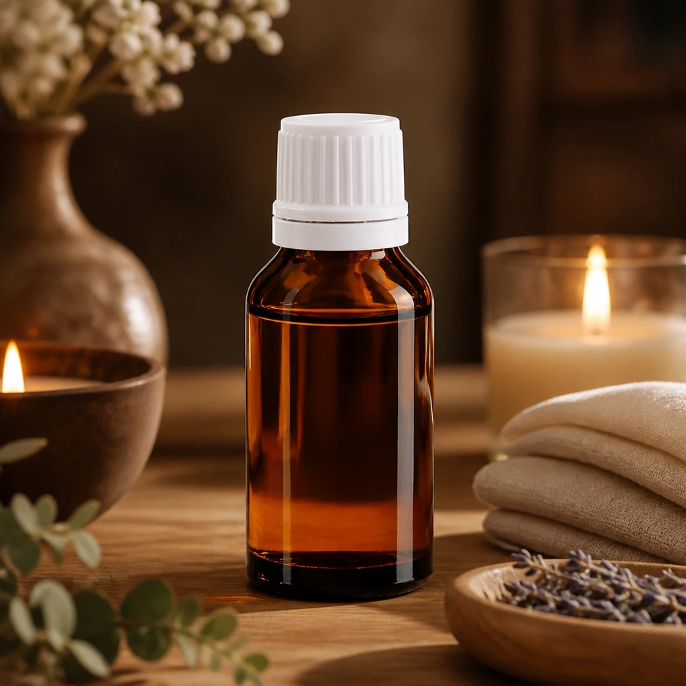 Apoteksflaska brun 15ml droppkork 1,2mm vit säkerhetsförslutning En bärnstensfärgad droppflaska på 15 ml med vitt lock i en avslappnad wellness-miljö med stearinljus
