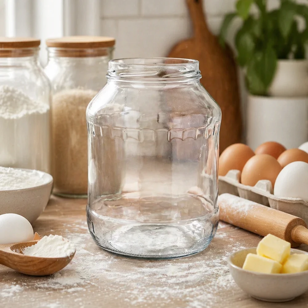 UNiTWIST Runda2650 muggar 2650ml tomma på köksbord med bakingredienser ägg smör mjöl köksscen TO100 tråd