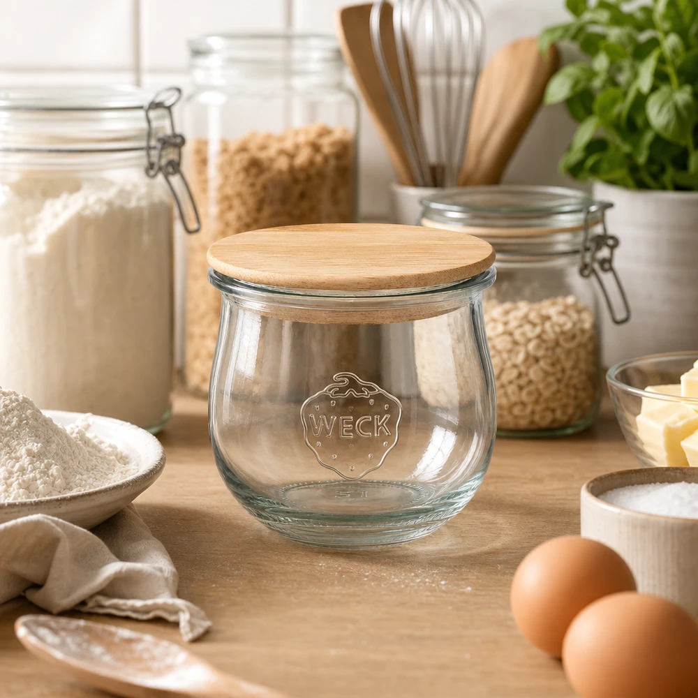 370ml tulpanburk WECK RR80 med trälock WECK tulpanburk 370ml RR80 med trälock placerad i ett modernt kök mellan förvaringsburkar och bakingredienser