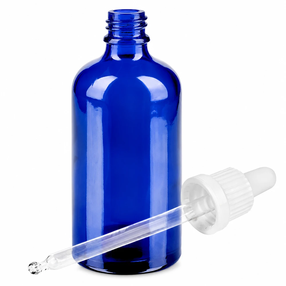 Blå glasflaska 100ml med pipett för eteriska oljor och kosmetika BlueLine UT18/100