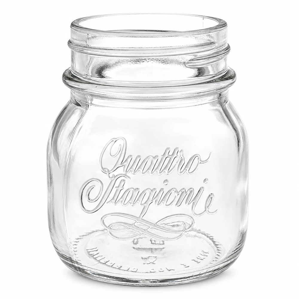 150ml runt glas "Quattro Stagioni" QS56mm 150 ml Quattro Stagioni konserveringsburk av klarglas med präglade bokstäver och skruvgänga