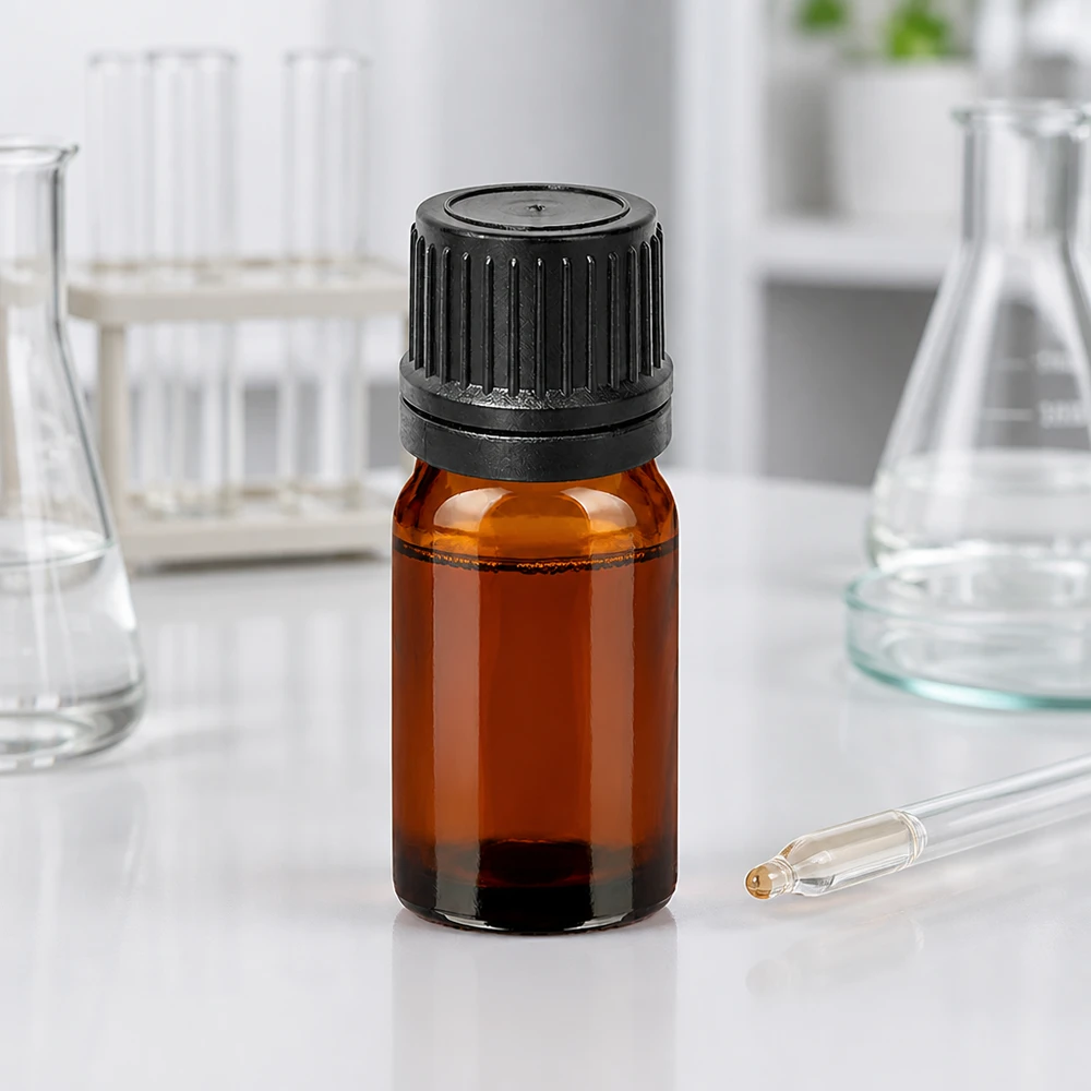 Kompakt 5 ml droppflaska av UV-skyddande bärnstensfärgat glas med svart OV-lock för laboratoriebruk