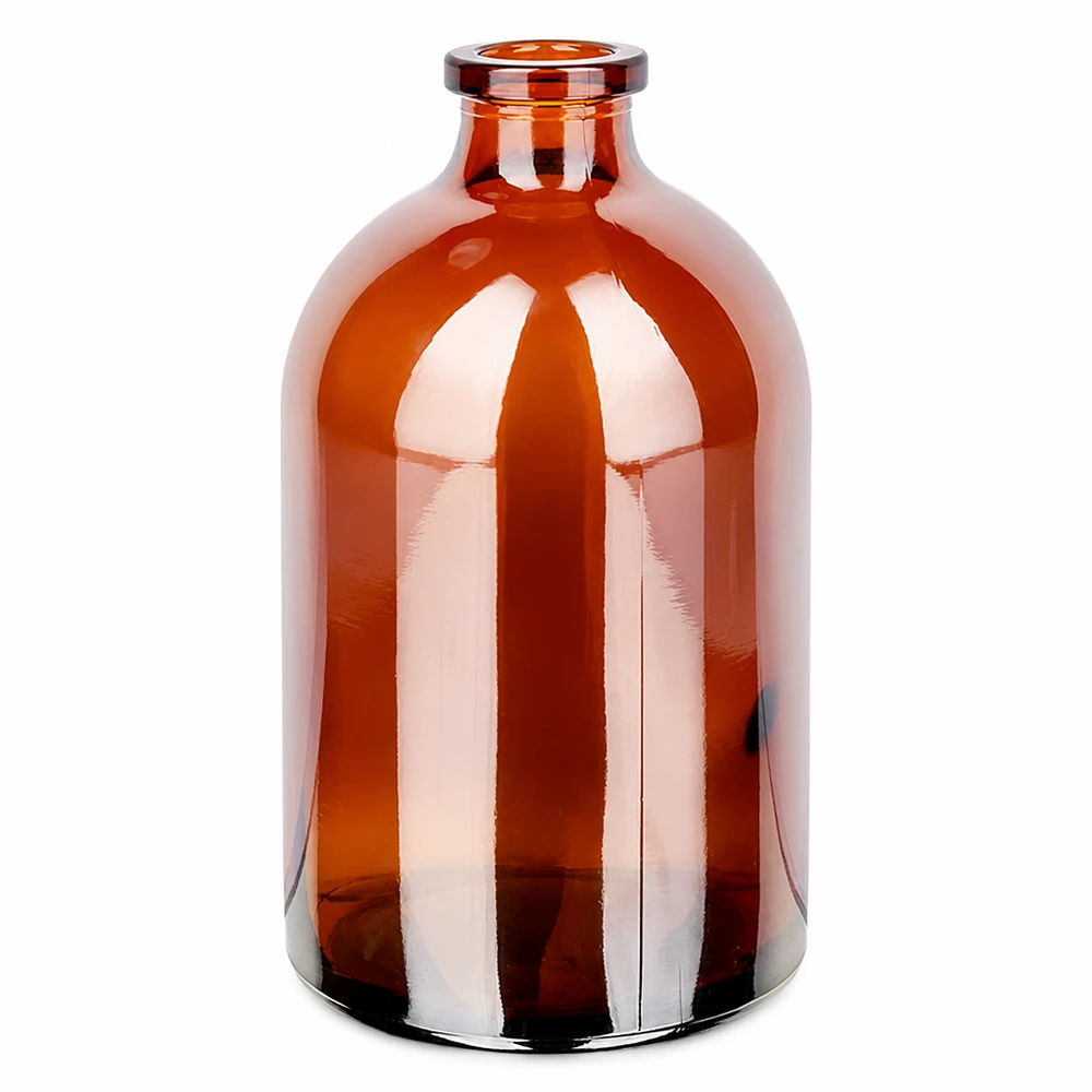 Injektionsflaska av bärnstensfärgat glas 100ml Medizinische Injektionsflasche 100ml in Braunglas mit glatter Oberfläche und stabilem Flachboden
