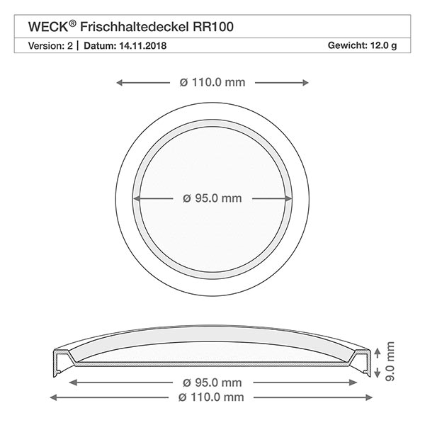 370 ml burk med lock som håller in färskheten, WECK RR100 Teknisk ritning WECK klämlock RR100 med måtten 110 mm och 95 mm diameter för Gugelhupf-burk