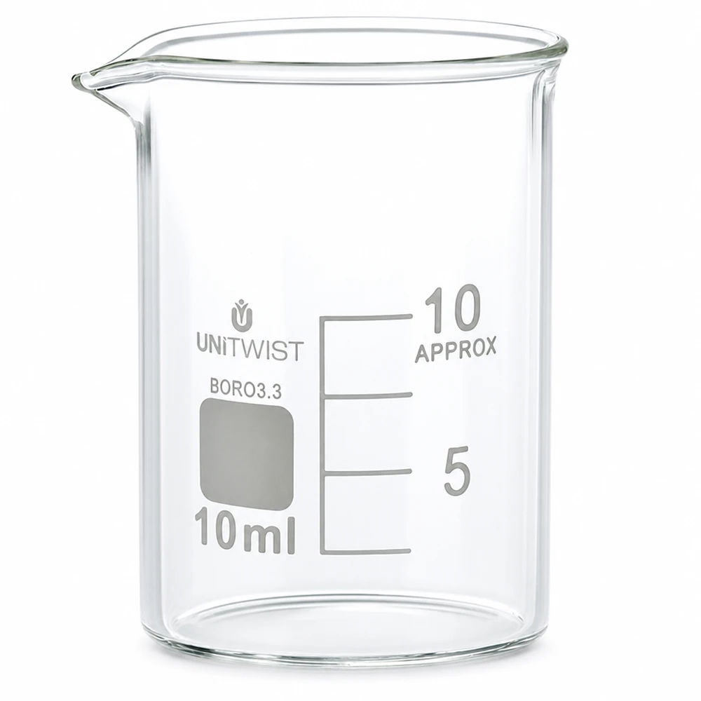 Bägare 10ml borosilikat, lågformad UNiTWIST 10 ml beger i låg form av borosilikatglas 3.3 från UNiTWIST med milliliterskala