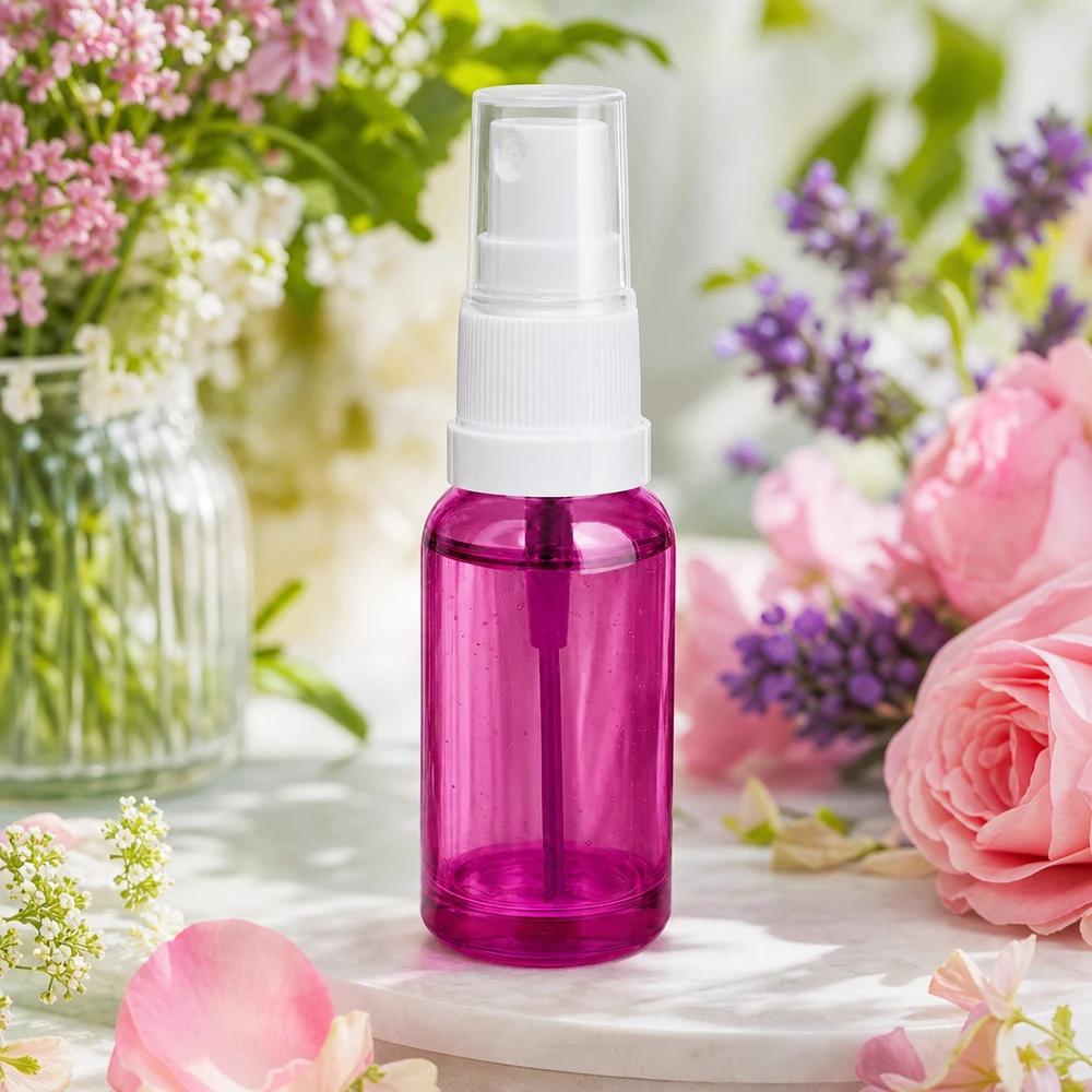 20ml sprayflaska vit/transparent Standard PurpleLine UT18/20 20 ml sprayflaska av högkvalitativ transparent plast med vitt sprayhuvud i lila nyans
