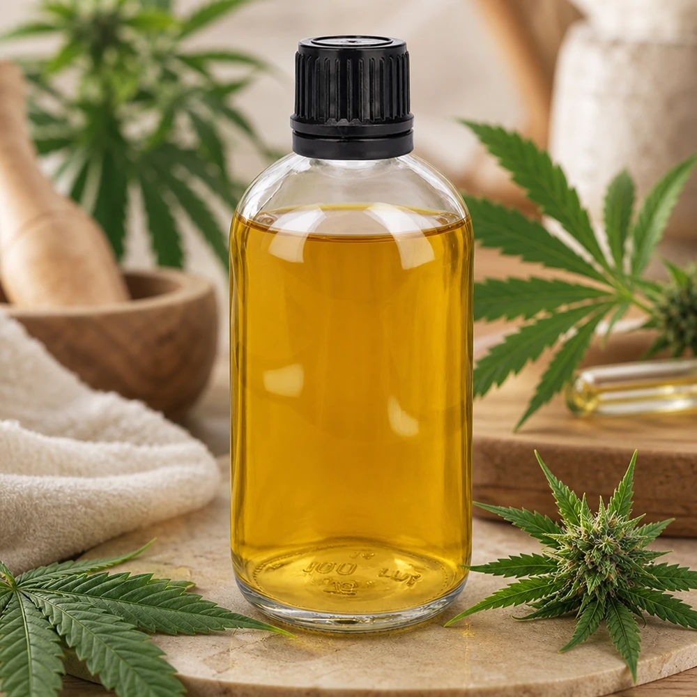 En 100 ml-flaska av klart glas fylld med CBD-olja, omgiven av cannabisblad och -blommor