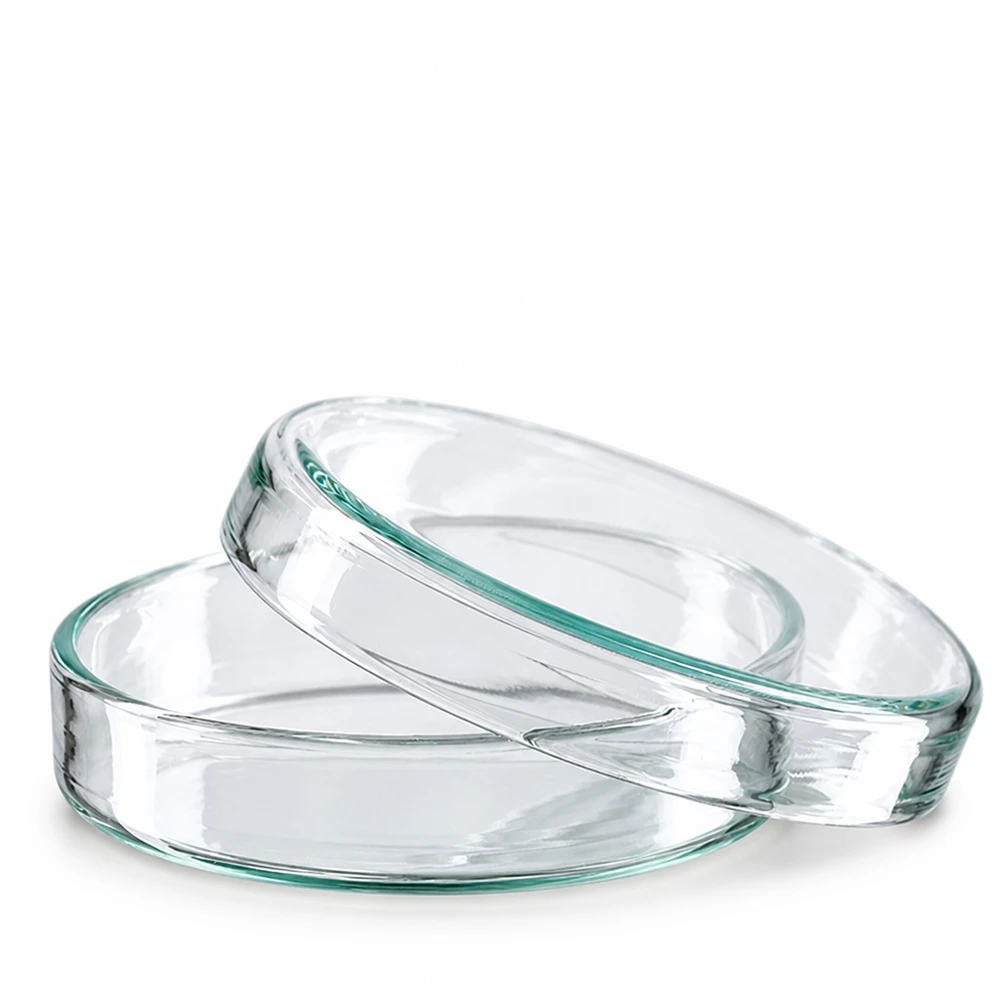 Två staplade petriskålar av glas, 60 x 15 mm, genomskinliga mot vit bakgrund