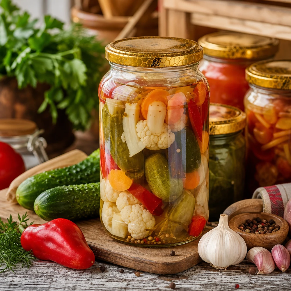 1062ml rund burk + BasicSeal lock honeycomb UNiTWIST 1062ml Rundglas mit Bienenwabe-Deckel als Einmachglas für eingelegtes Gemüse Gurken Paprika Blumenkohl mixed pickles