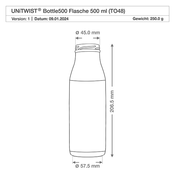 500ml glasflaska utan lock (TO48) UNiTWIST Teknisk ritning 500 ml glasflaska TO48 UNiTWIST med måtten: 205,5 mm höjd, 57,5 mm diameter, 250 g vikt