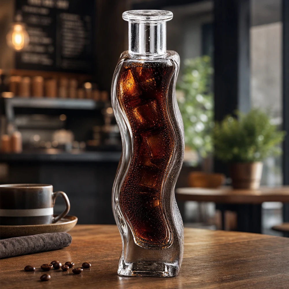 100 ml glasflaska Melissa utan förslutning UNiTWIST® Melissa 100 ml glasflaska fylld med coladryck och isbitar i en modern cafémiljö på ett träbord