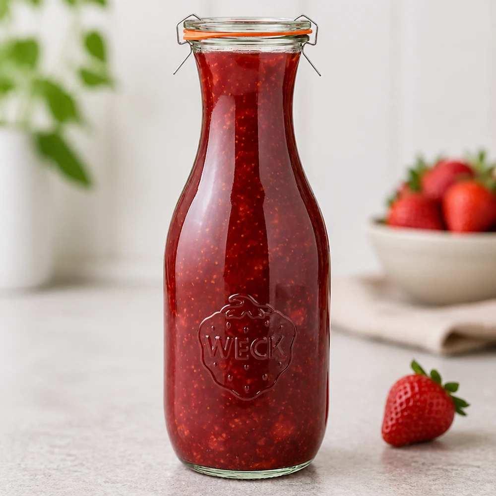 1062 ml juiceflaska komplett WECK RR60 WECK juiceflaska 1062ml RR60 fylld med jordgubbssylt har präglad logotyp och svängbar toppdetalj