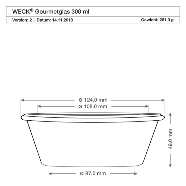 300 ml gourmetglas WECK RR120 Teknisk ritning WECK RR120 gourmetburk 300ml med mått diameter 124mm 108mm 87mm höjd 49mm