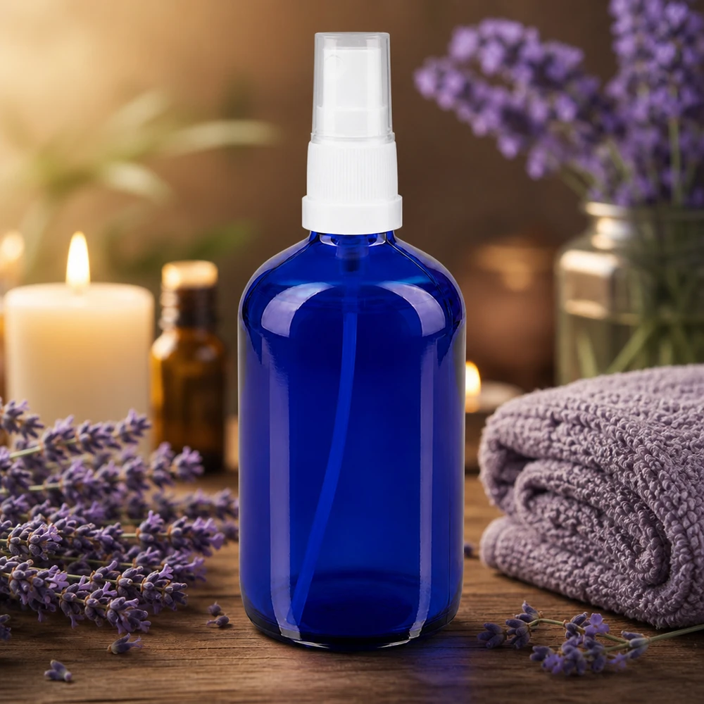 Rund 100 ml sprayflaska av blått apotekerglas med STD-pump i vitt för aromaterapi och lavendelolja