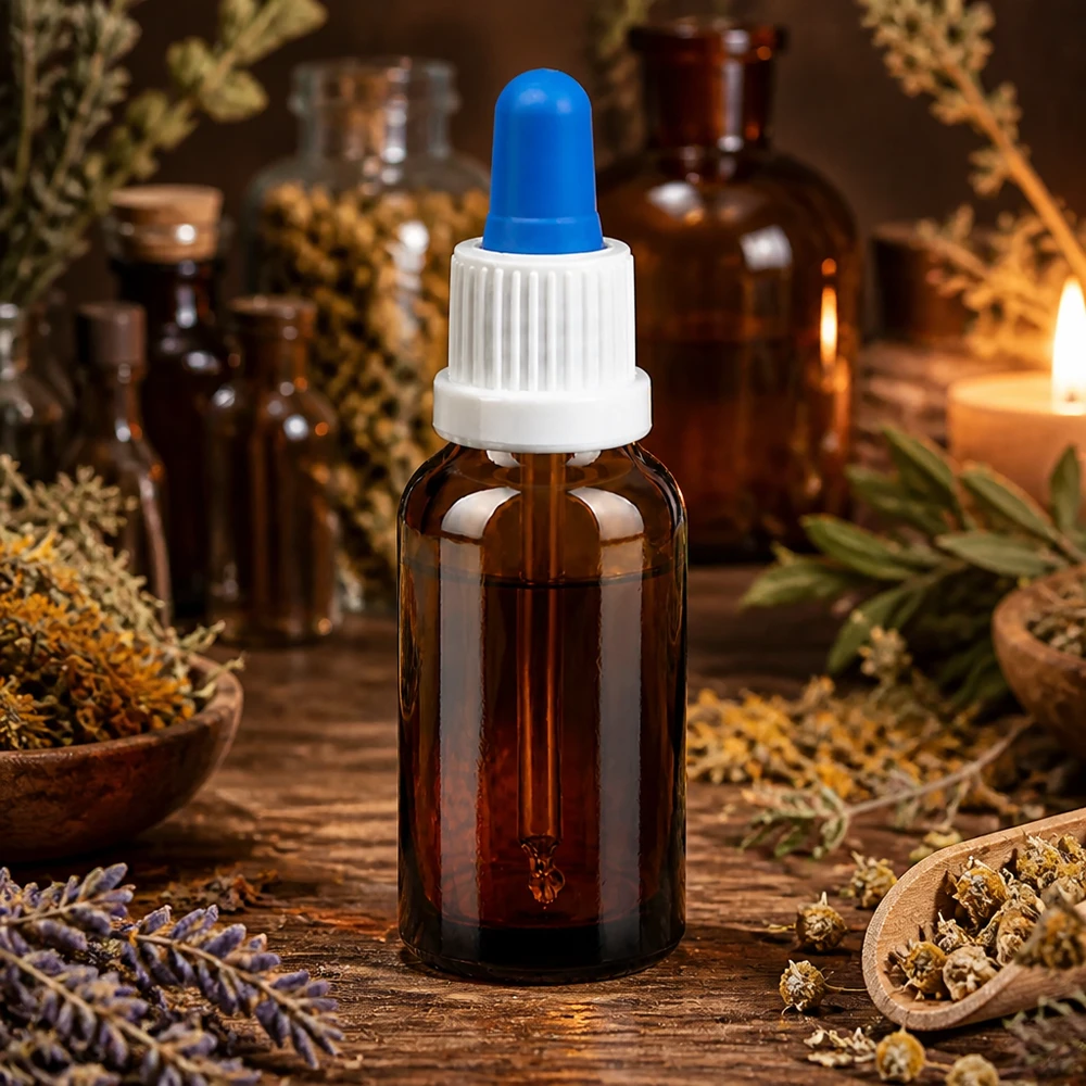 Kompakt 20 ml droppflaska av UV-skyddande bärnstensfärgat glas med praktiskt pipettlock