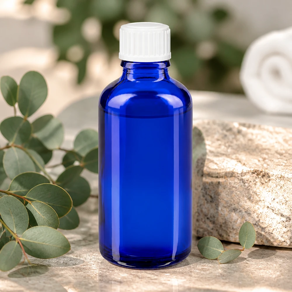 Apoteksflaska blå 50ml skruvkork vit standard Koboltblå 50 ml apotekarflaska av borosilikatglas med vitt barnsäkert lock