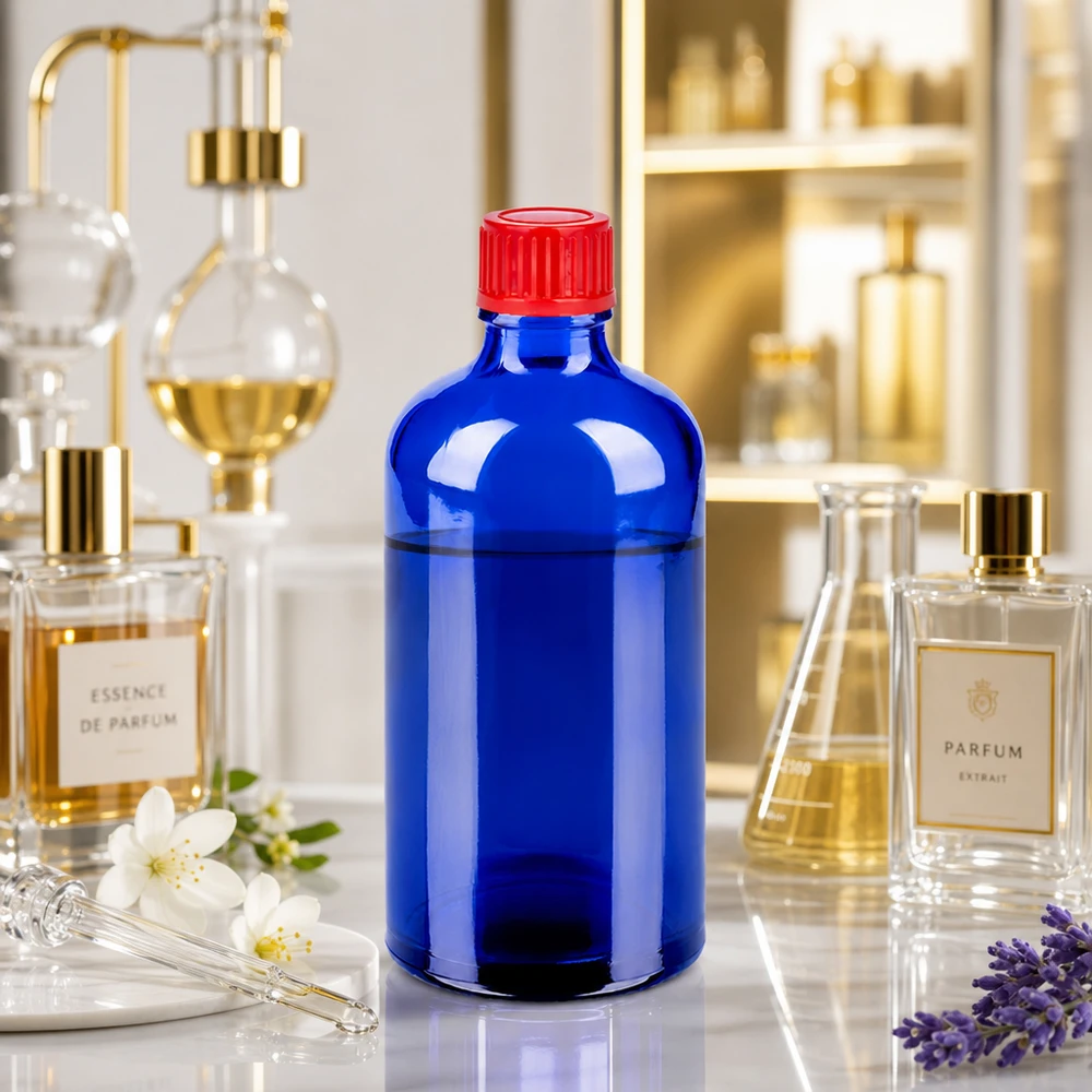 Högkvalitativ 100 ml flaska av koboltblått glas med exakt 11 mm skruvgänga STD BlueLine