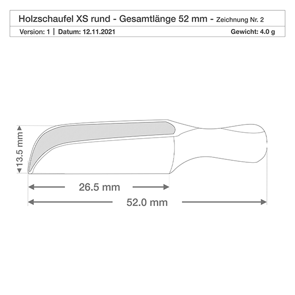 Träskopa storlek XS halvcirkelformad - 52mm lång Detailzeichnung der kompakten Holzschaufel XS mit 3,5mm Tiefe - ideal für Gewürzdosierung in der Küche